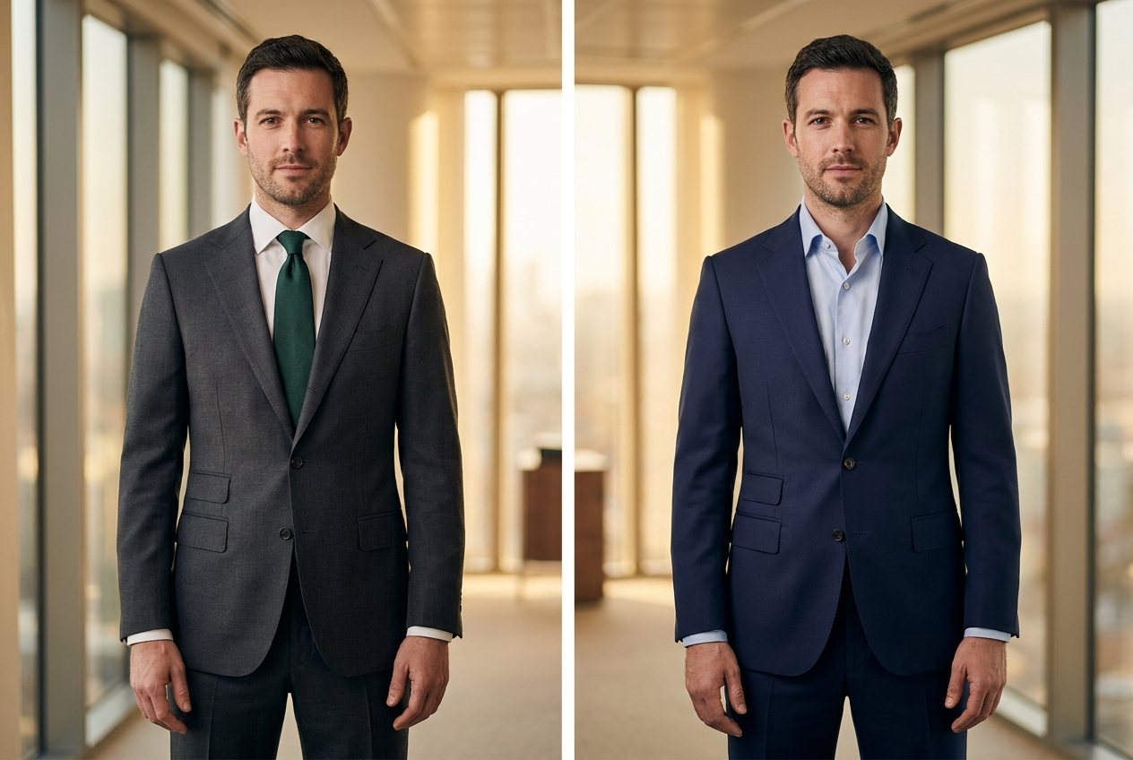 Ein Mann in zwei verschiedenen Businessanz&uuml;gen nach Ma&szlig;